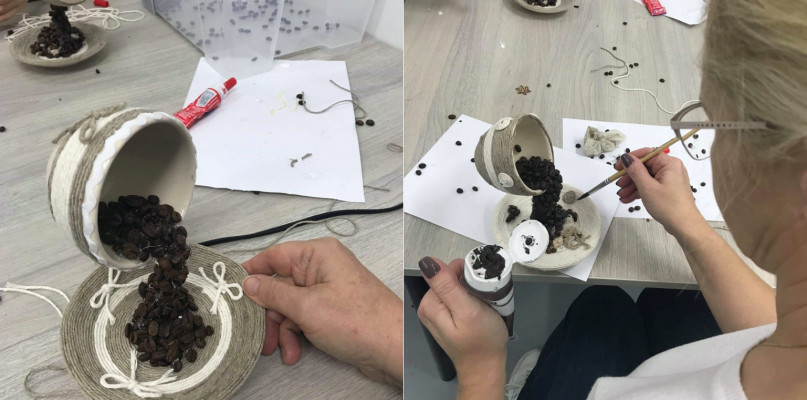 Efektowna dekoracja z ziaren kawy i sznurka na warsztatach SDK