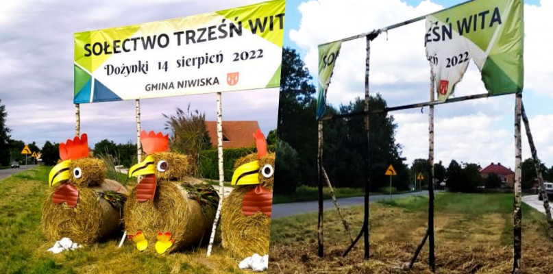 Na zdjęciu: jedna z dożynkowych instalacji po ustawieniu oraz po spaleniu. Fot. UG. Niwiska