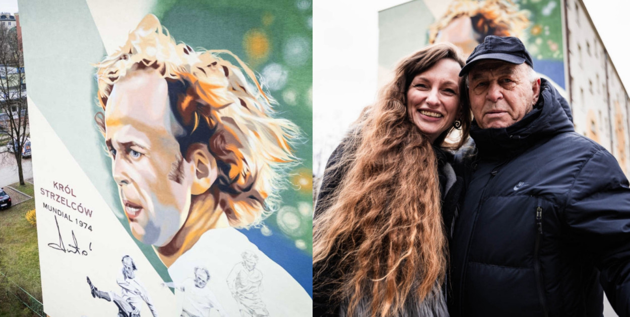 Na zdjęciu: mural przy Kusocińskiego 15 oraz Grzegorz Lato i współautorka muralu Marta Piróg. Fot. Marta Badowska