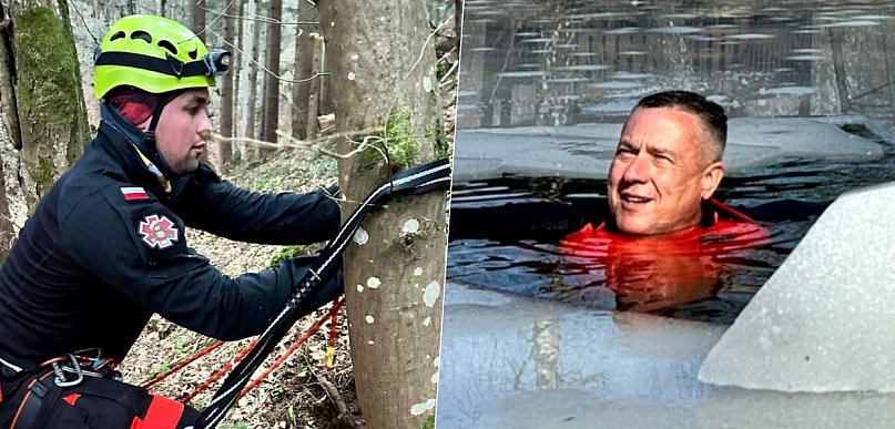 Dyrektor pogotowia w zamarzniętym stawie. Ekstremalne ćwiczenia ratowników