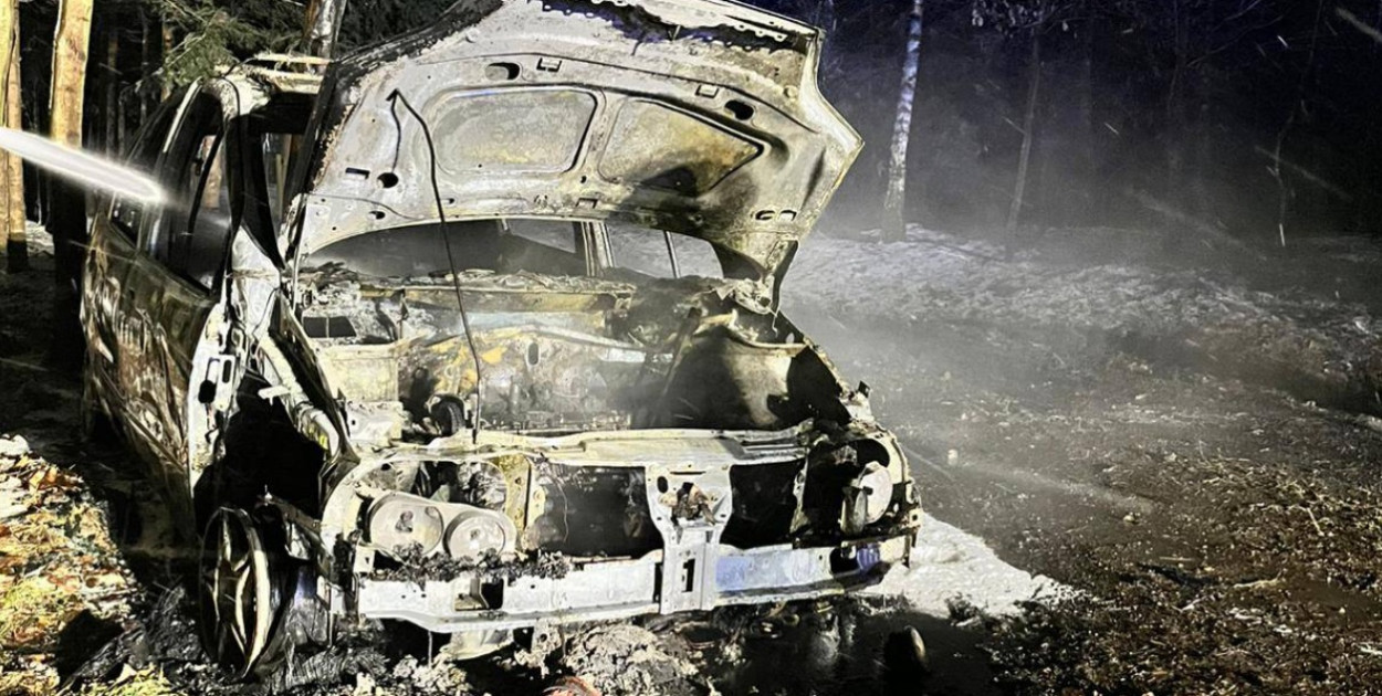 Pożar samochodu w śnieżycy. Interwencja służb